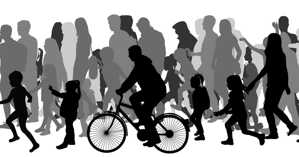Outines of people walking and biking